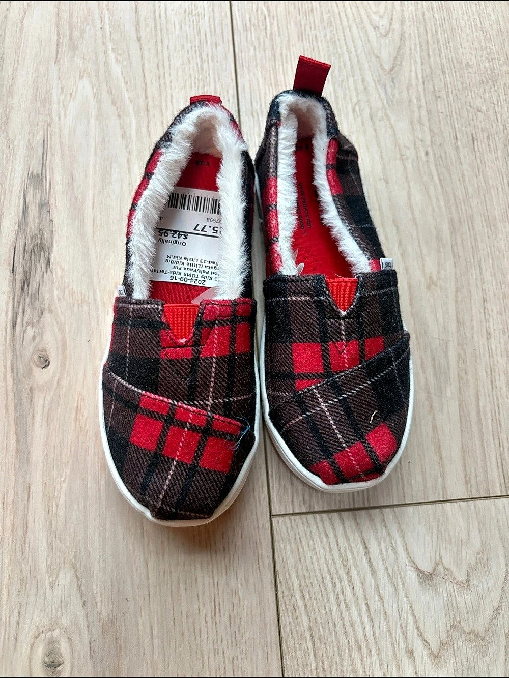 TOMS Alpargata Recycled Cotton Faux Fur Lined Plaid Slippers in Red & Black